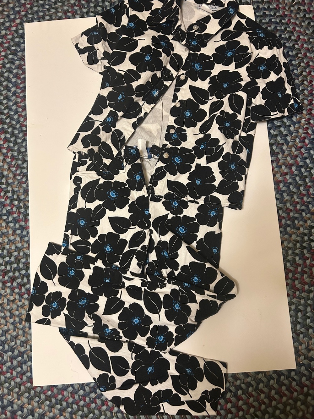 Black & White Tiki Floral Pantsuit with Blue Floral Accents